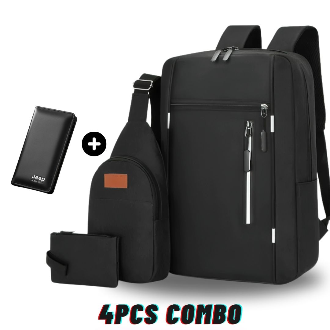 4PCS Combo Pack Men’s Casual Waterproof Laptop Backpack Set College & Computer Bag – Black