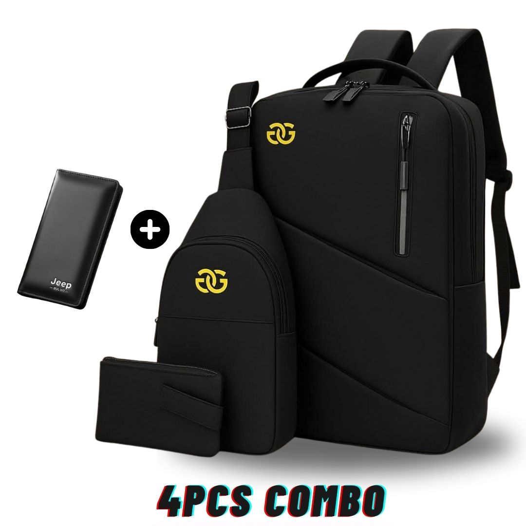 Premium 4-in-1 Laptop Backpack Combo – Waterproof, USB Port, Sling Bag & Wallet for School, College, Office & Travel Bag